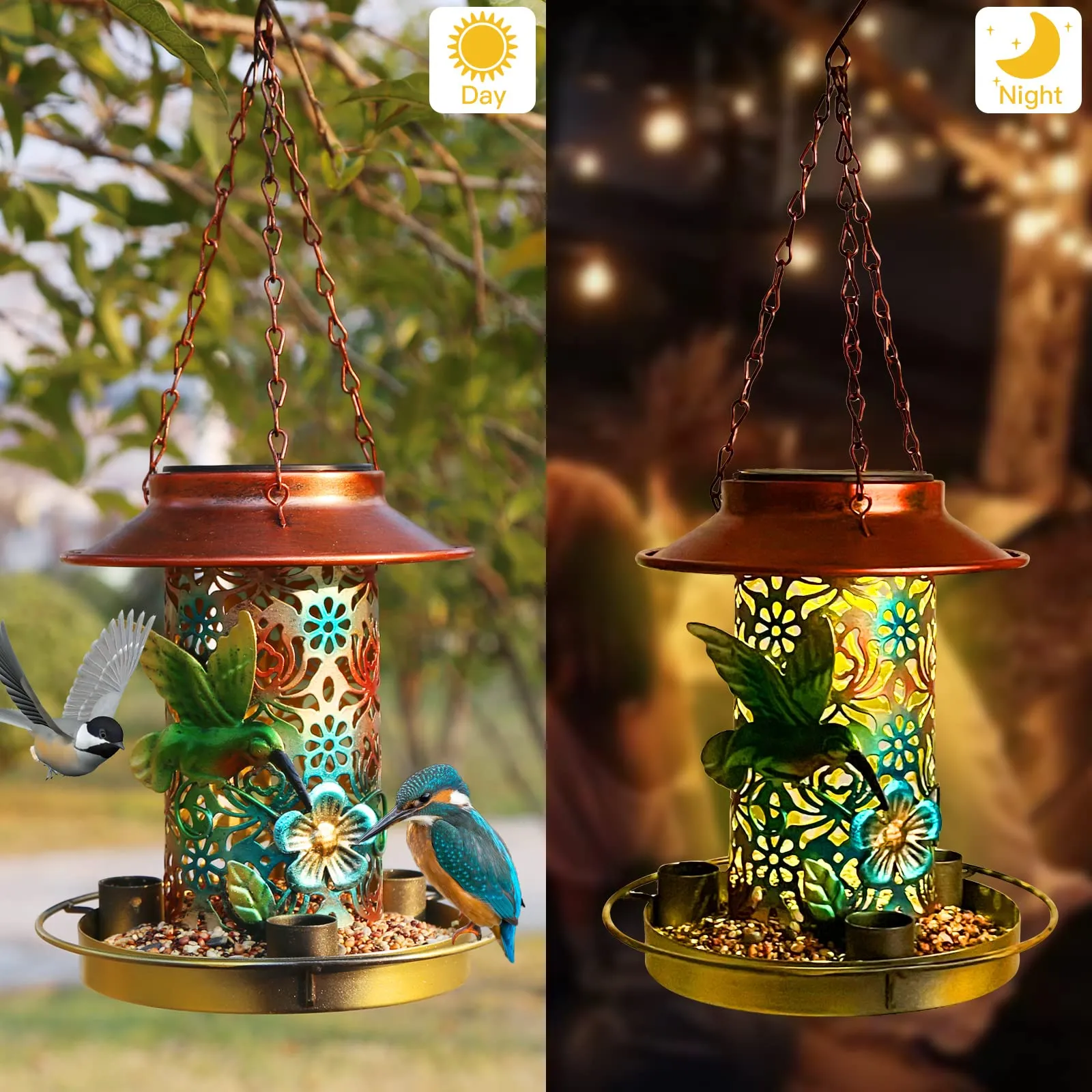Metal Bird Feeder Outdoor Hanging Solar Lamp
